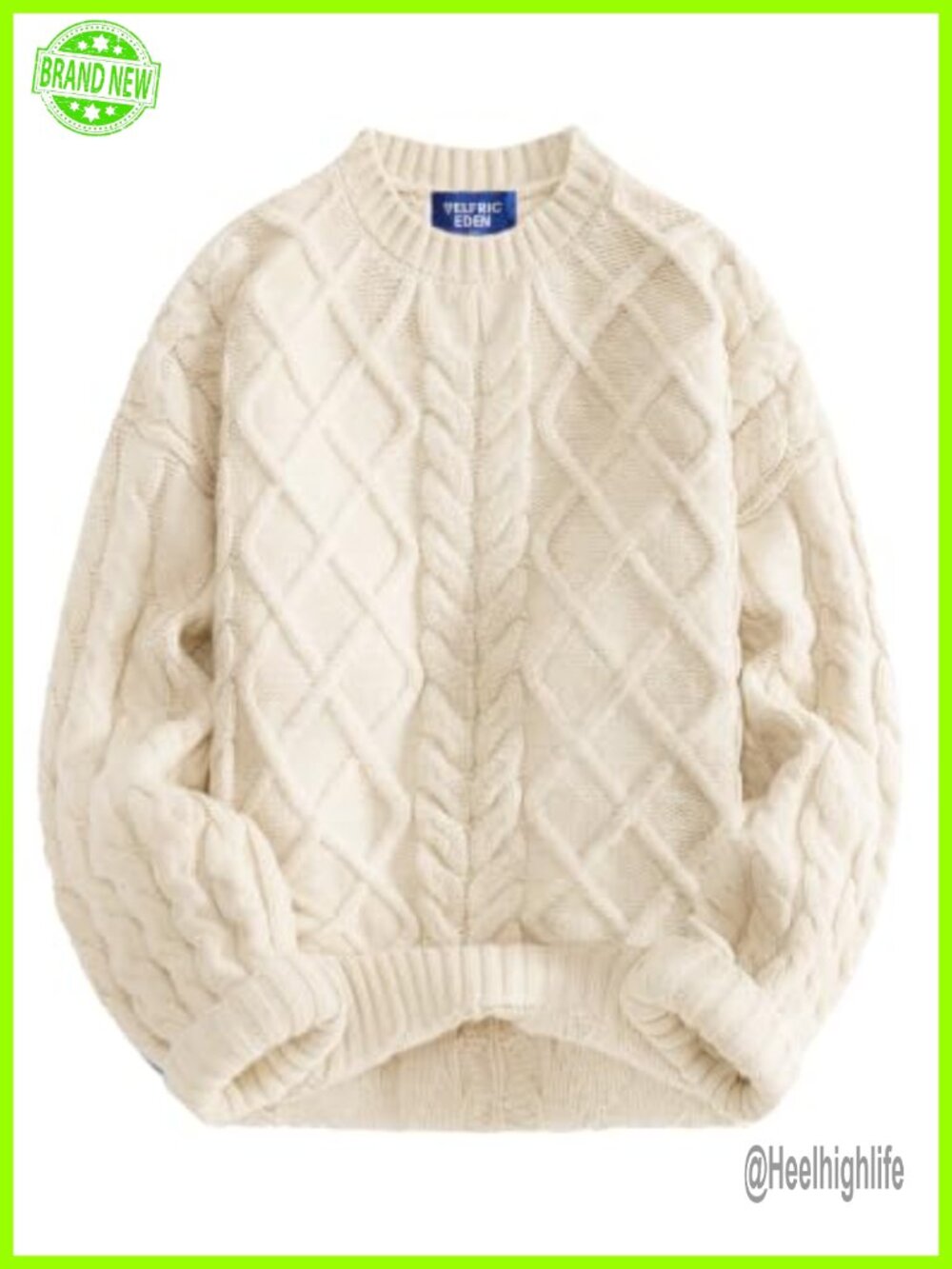 Oversized Cable Knit Sweater Lantern Sleeve Crewneck Pullover